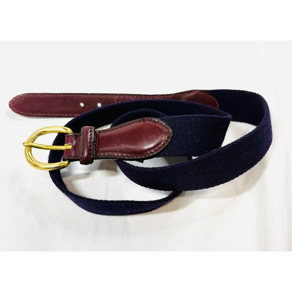 Brighton Navy Blue Canvas Belt Burgundy Leather Trim Gold Buckle USA Made 38